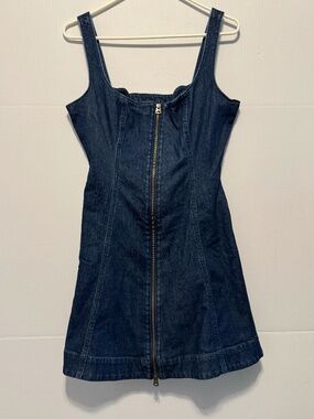 GAP Denim Mini Dress Medium Zip Front Fit & Flare Sleeveless Jean Dress Size M